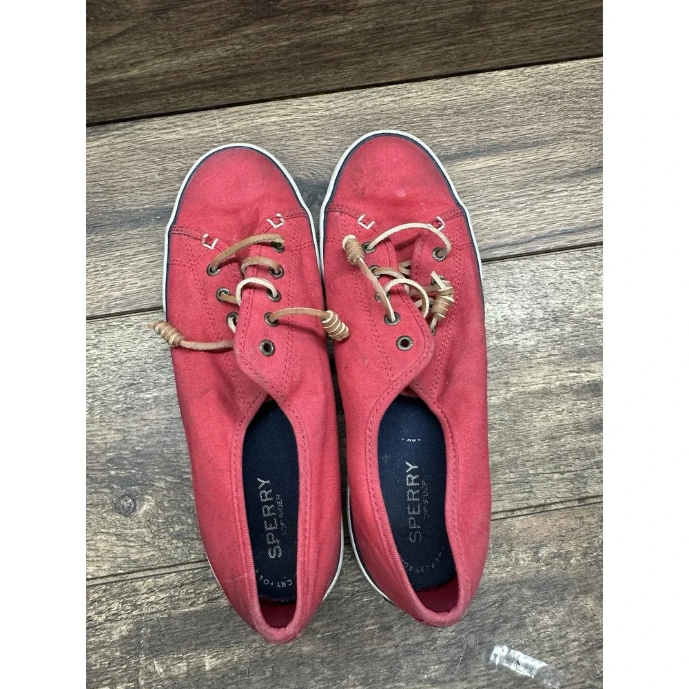 Womens Sperry Top-Sider Classic‎ Red Canvas Leather Laces Boat Shoes Flats Sz 10